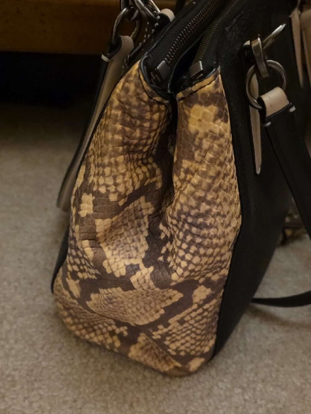 Coach Black Leather Tote with Snake-Print Panels - Picture 3 of 4